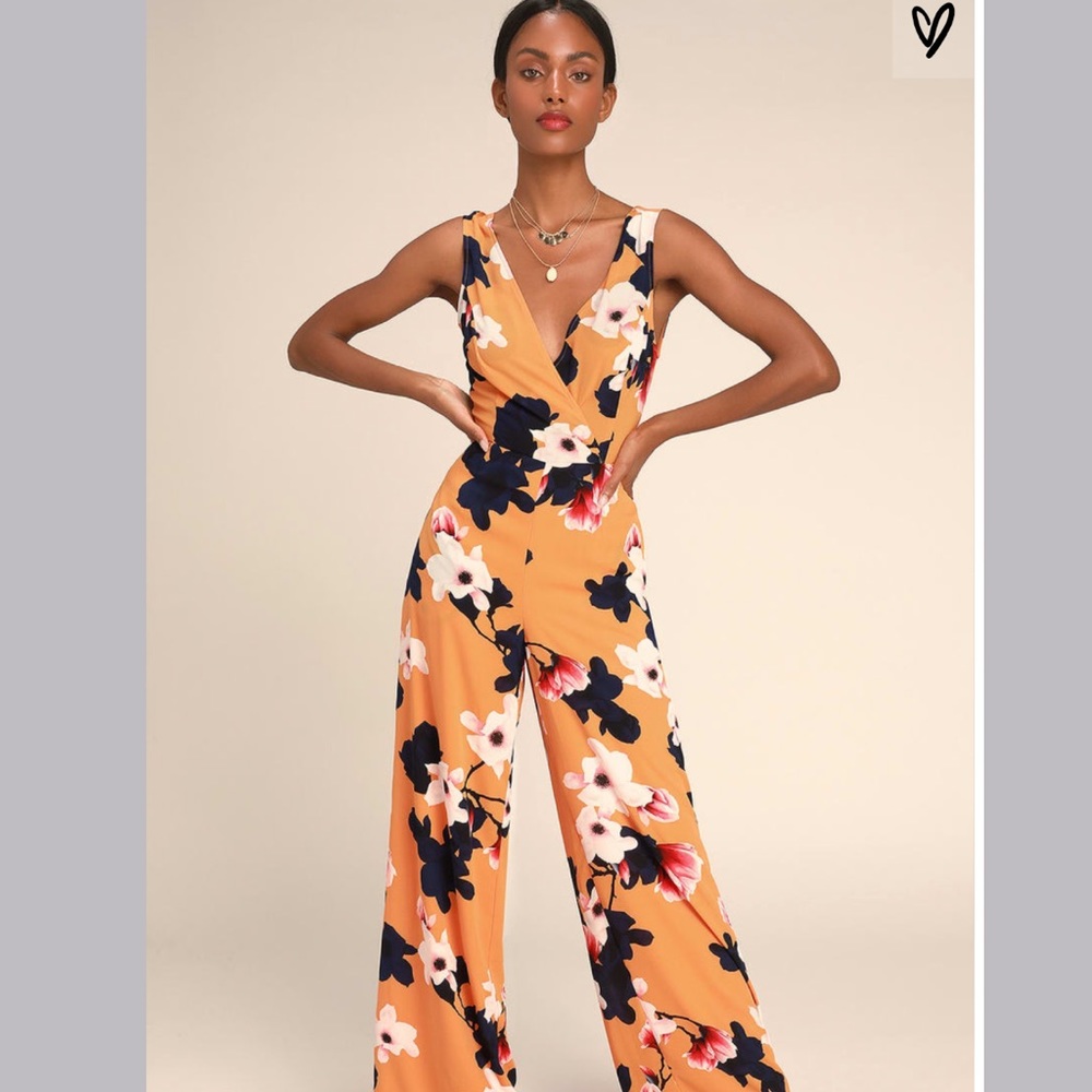 Orange Floral Print Tie-Back Wide-Leg Jumpsuit